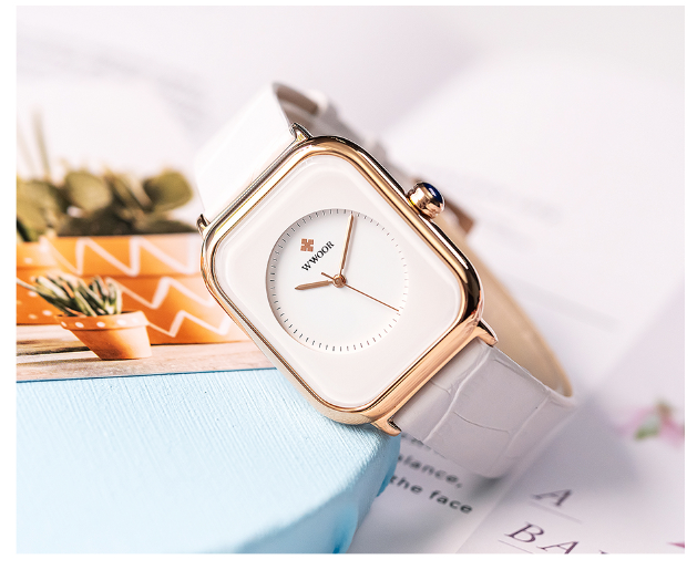 WWOOR Fashion Women Watches White Leather Minimalist Rectangle Ladies Quartz Wristwatch