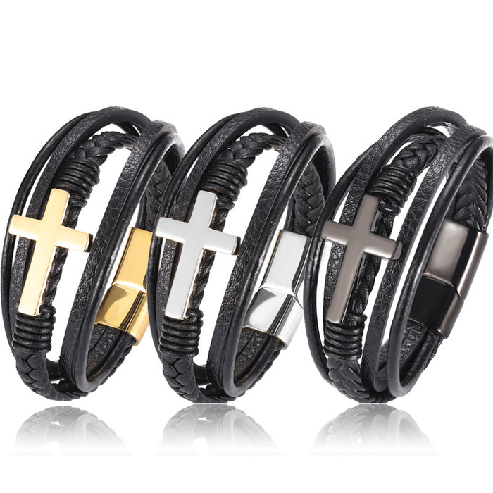 Multi-Layer Braided Leather Cross Bracelets
