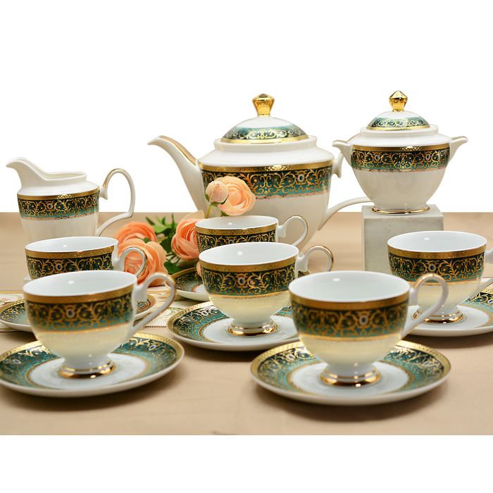 17 PCS Royal Gold Coffee Set Embossed Gold Cup & Saucer Set