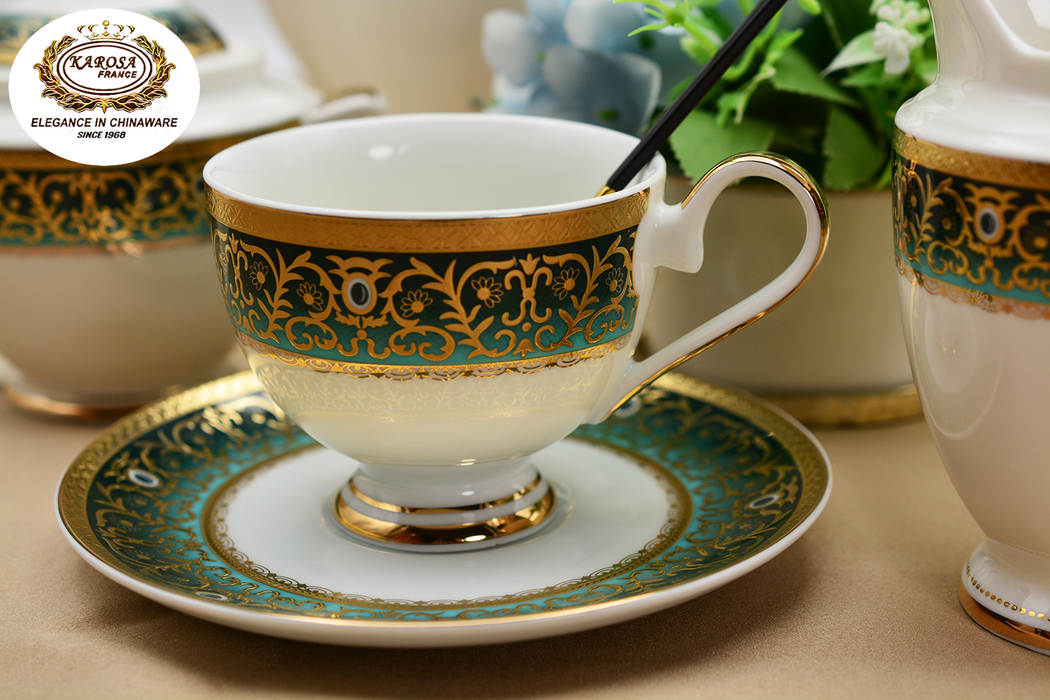 17 PCS Royal Gold Coffee Set Embossed Gold Cup & Saucer Set