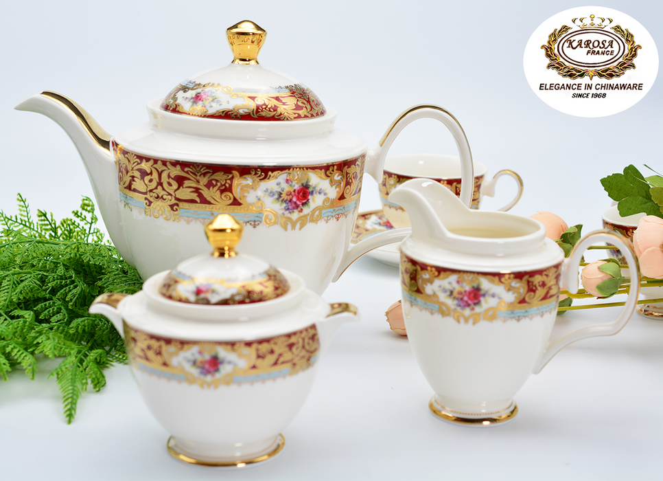17 PCS Embossed Gold Decoration Fine Bone China Classic Coffee & Tea Cup Set