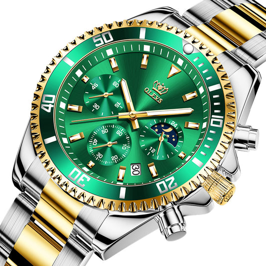 Multifunctional Chronograph Three Eyes Green Water Ghost Waterproof Men's Watch Quartz Watch