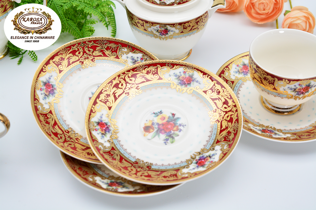 17 PCS Embossed Gold Decoration Fine Bone China Classic Coffee & Tea Cup Set