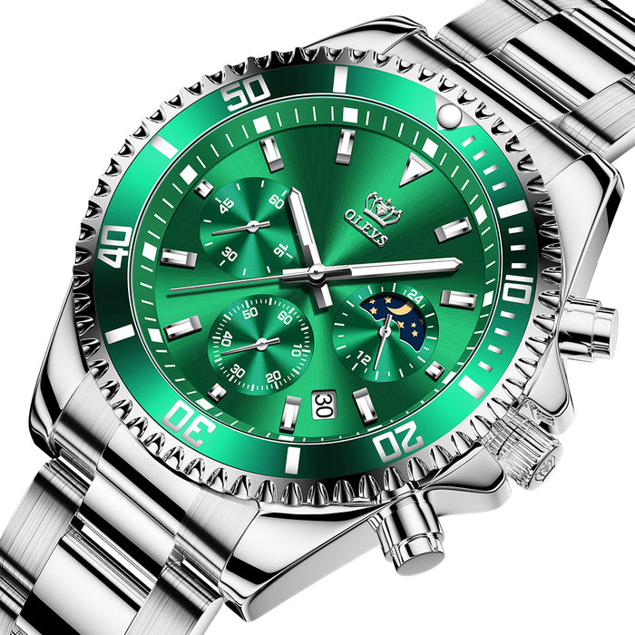 Multifunctional Chronograph Three Eyes Green Water Ghost Waterproof Men's Watch Quartz Watch