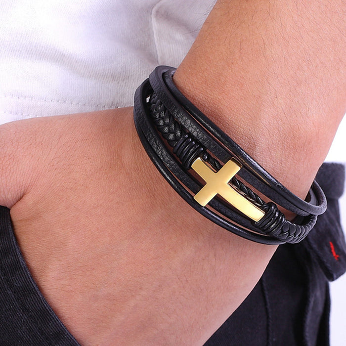 Multi-Layer Braided Leather Cross Bracelets