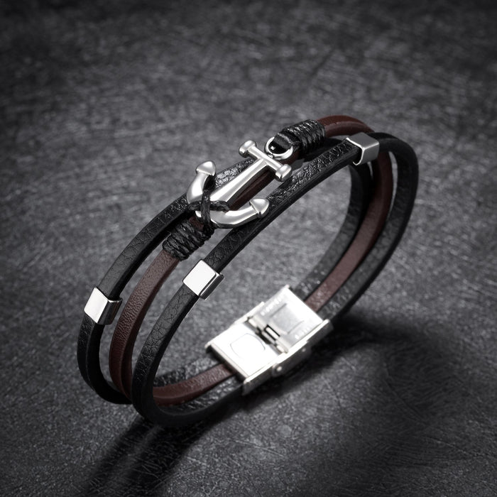Fashion Anchor Multilayer Titanium Steel Leather Bracelet Vintage Men's Bracelet Leather Bracelet